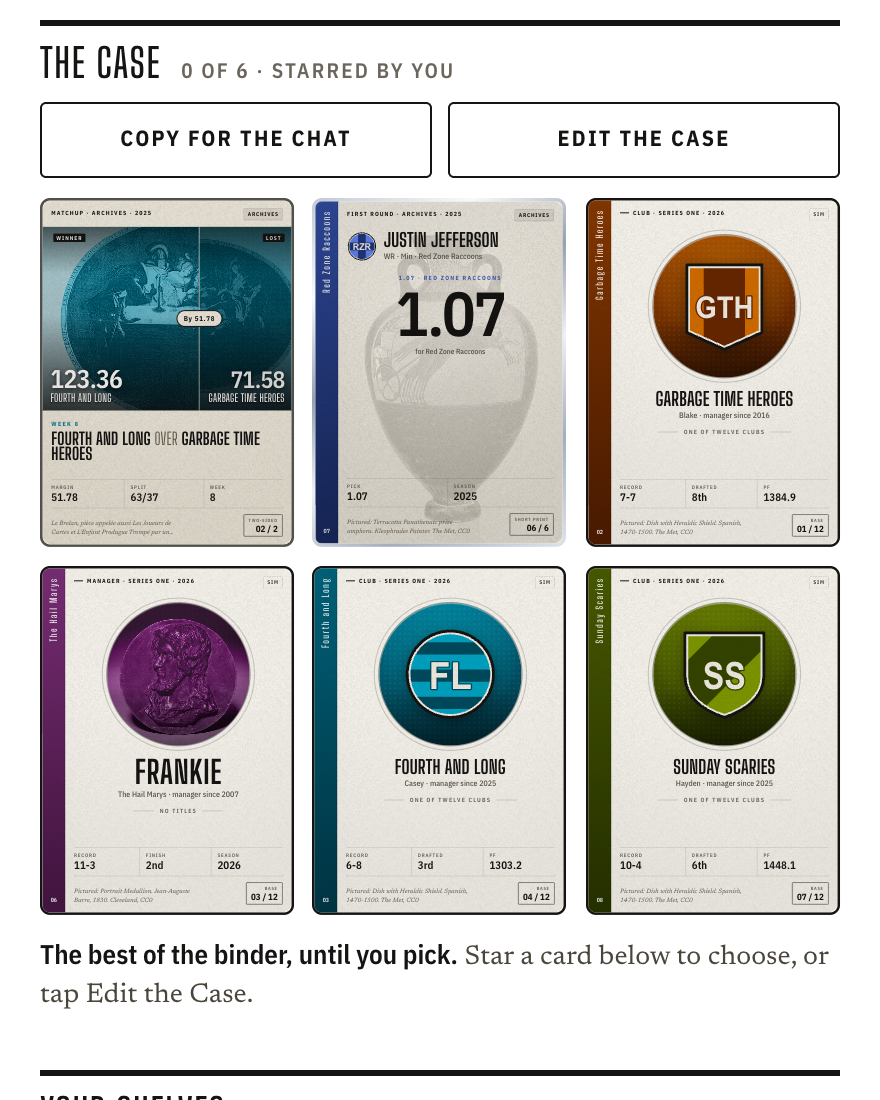 The Case: six cards a manager chose to show off